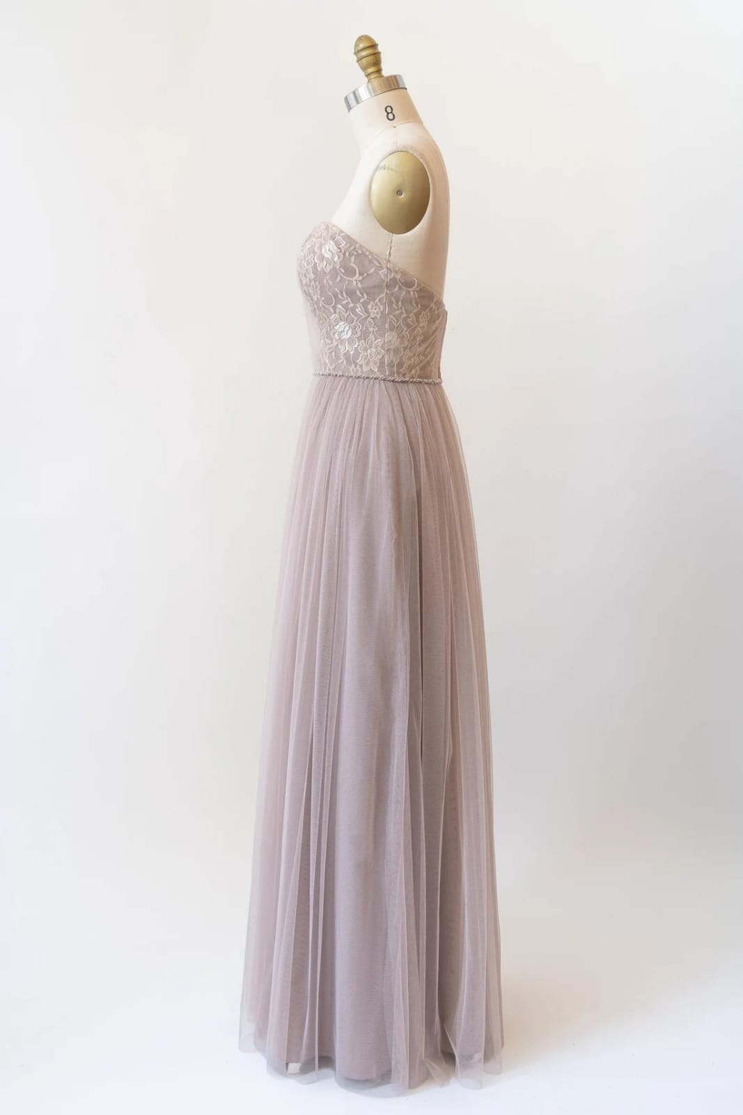 Sweetheart Grey Lace Tulle Long Strapless Bridesmaid Dress, Beads