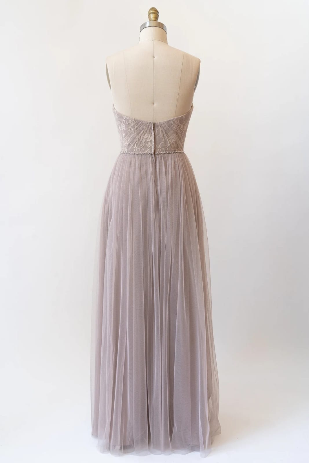 Sweetheart Grey Lace Tulle Long Strapless Bridesmaid Dress, Beads