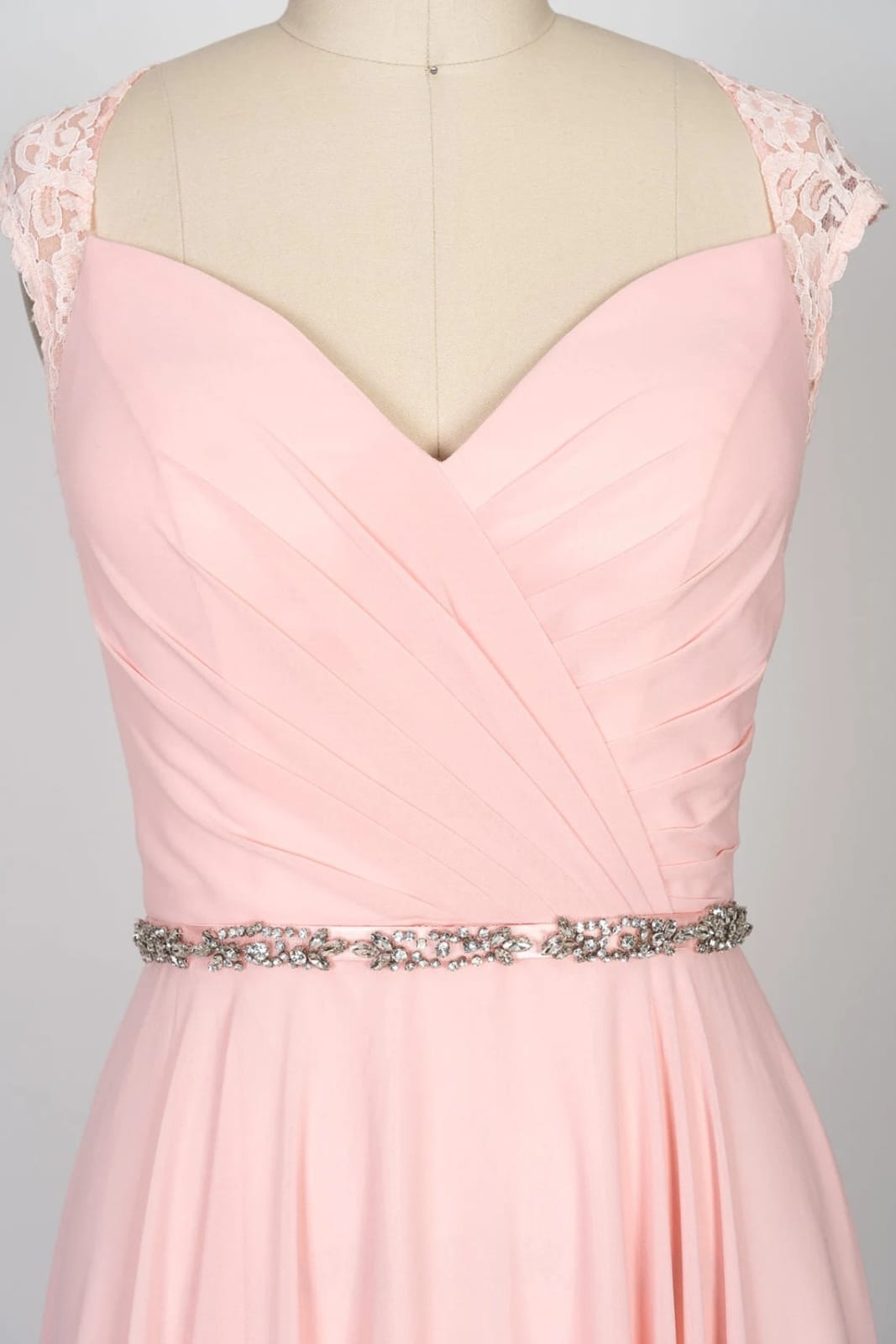 Sweetheart Lace Long Pink Chiffon Bridesmaid Dress, Beaded Belt