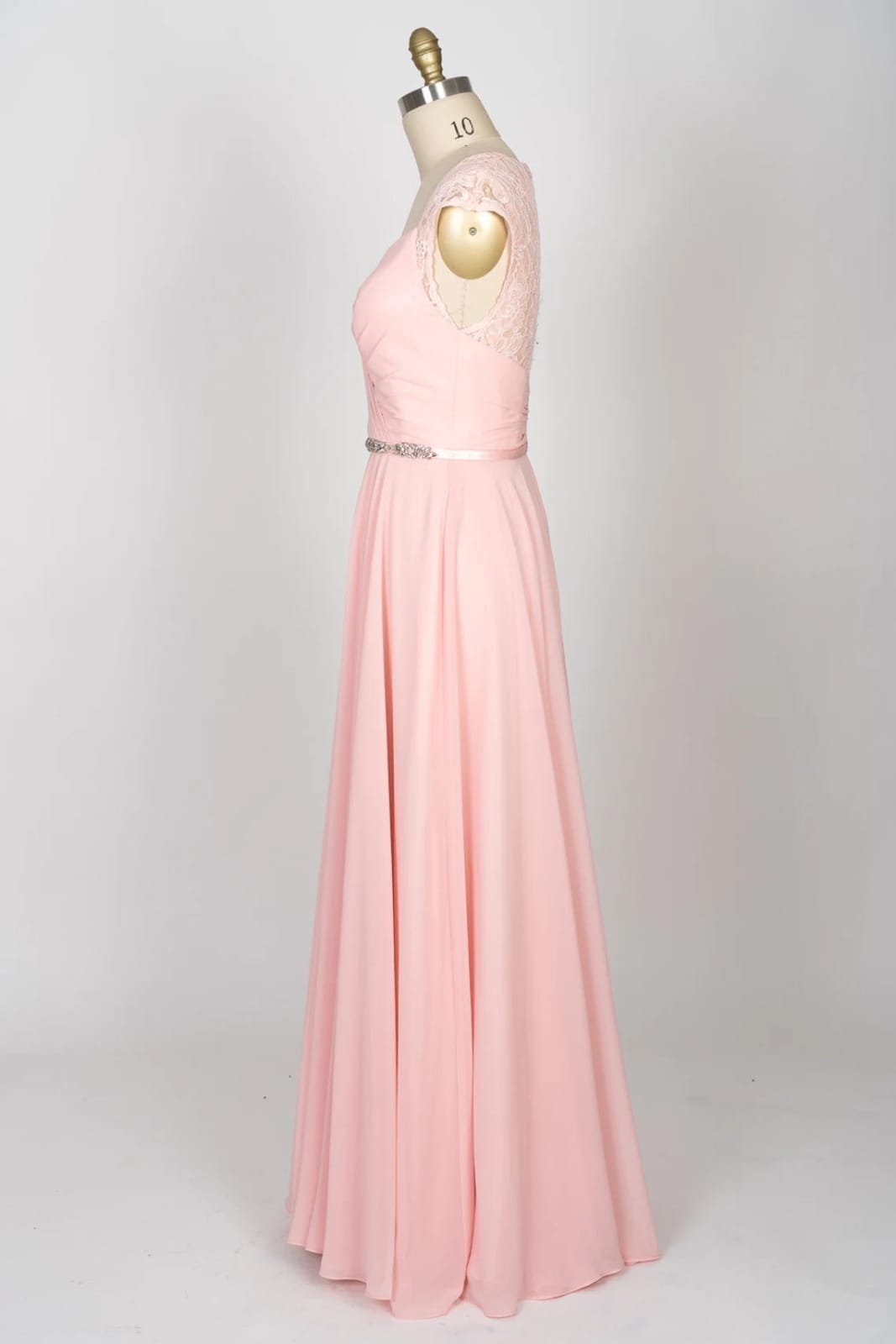 Sweetheart Lace Long Pink Chiffon Bridesmaid Dress, Beaded Belt