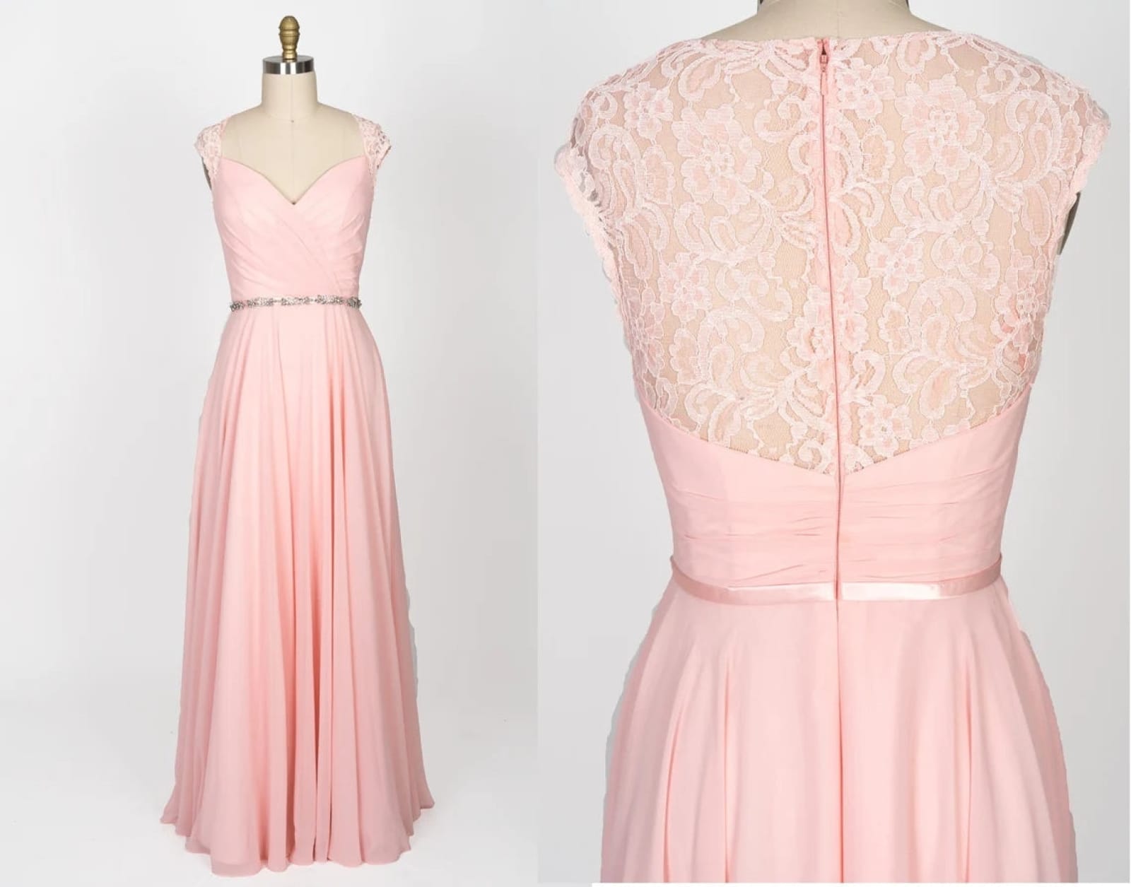 Sweetheart Lace Long Pink Chiffon Bridesmaid Dress, Beaded Belt