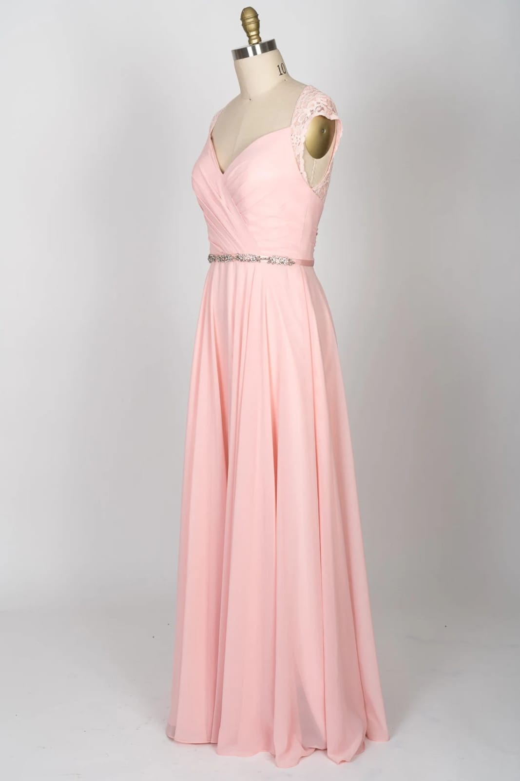 Sweetheart Lace Long Pink Chiffon Bridesmaid Dress, Beaded Belt