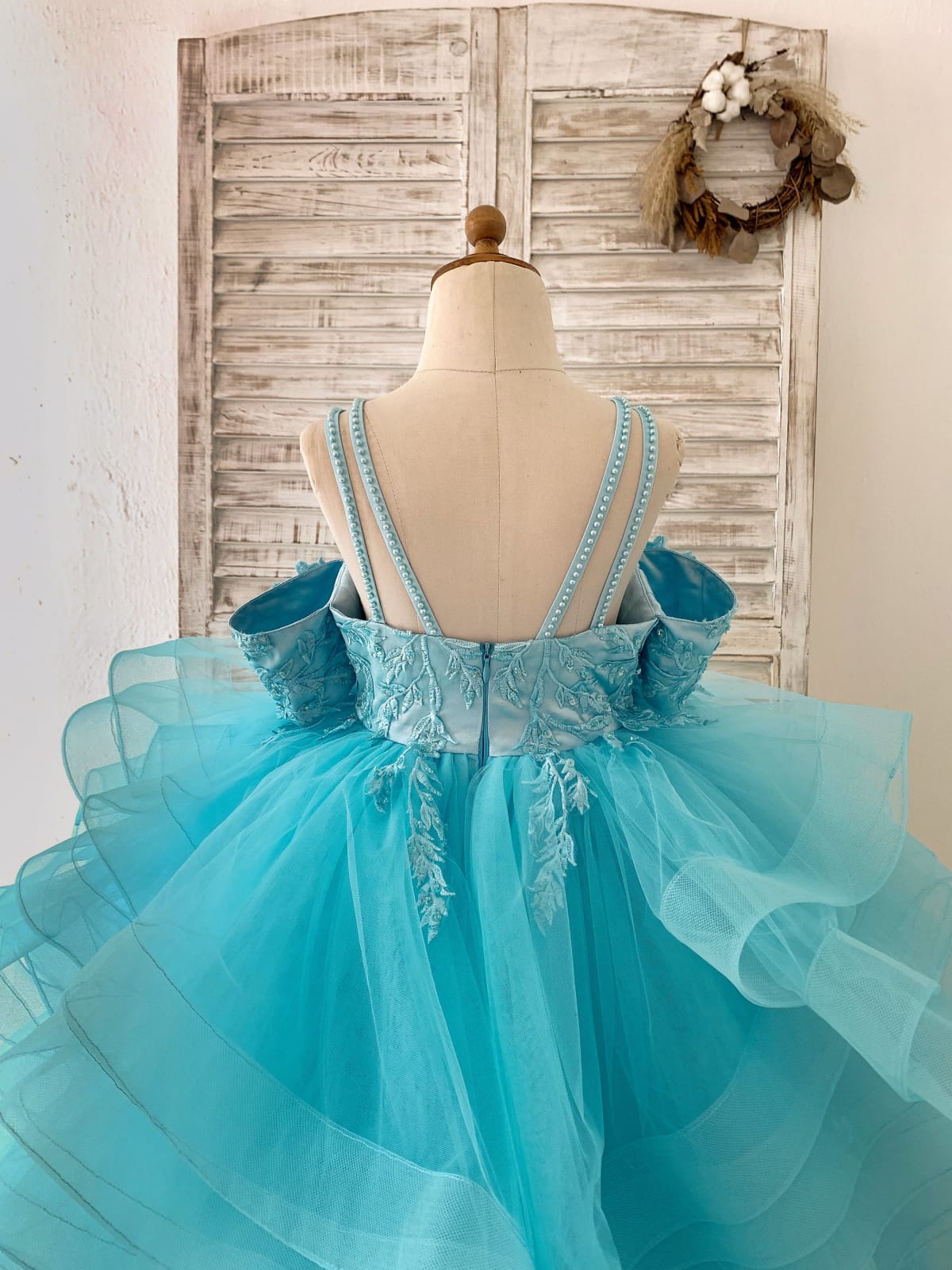 Teal Lace Tulle Off Shoulder Beaded Straps Horsehair Wedding Flower Girl Dress