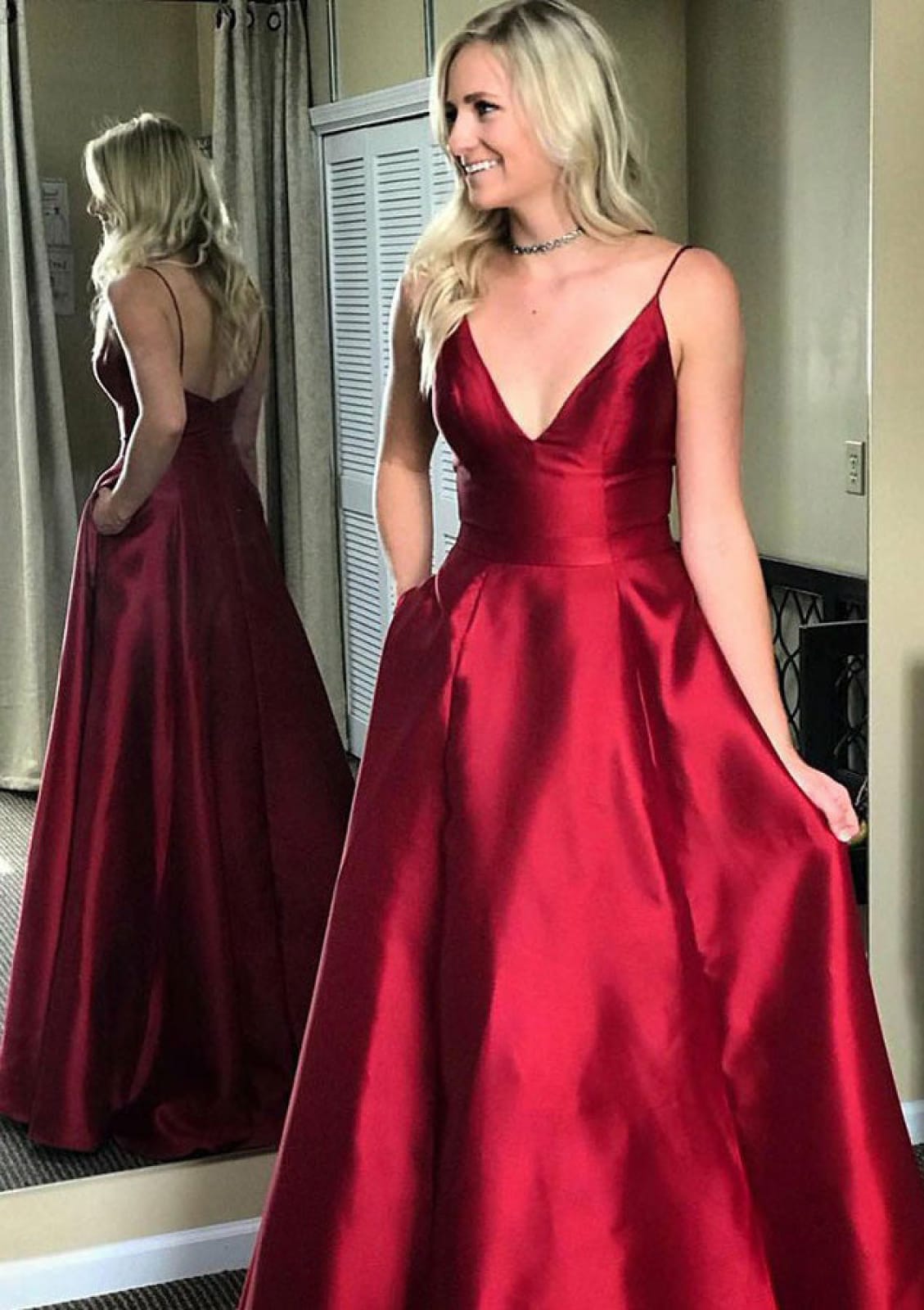 Thin Strap A-line Plunging Sleeveless Long Red Satin Evening Gown