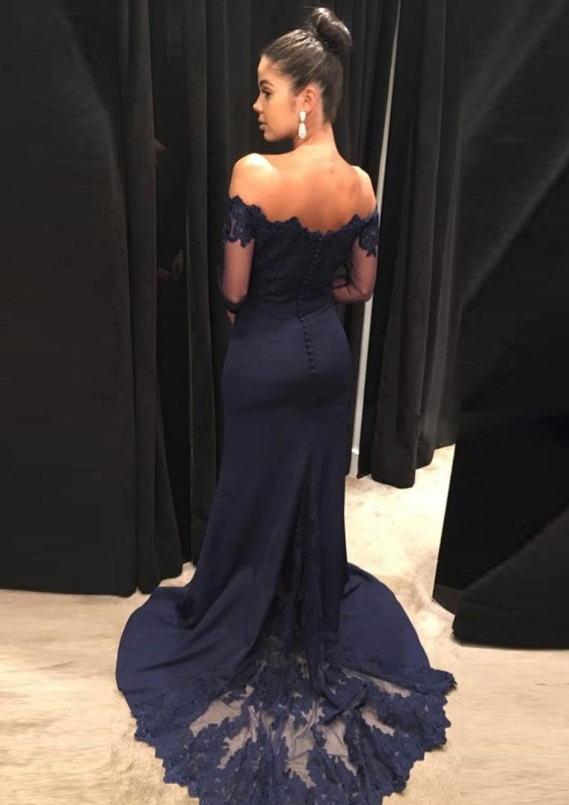 Trumpet Off Shoulder Court Long Sleeve Navy Lace Satin Evening Gown