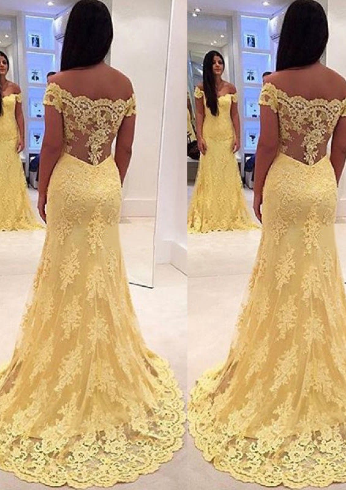 Trumpet Off Shoulder Scalloped Sweetheart Sweep Yellow Lace Prom Dress