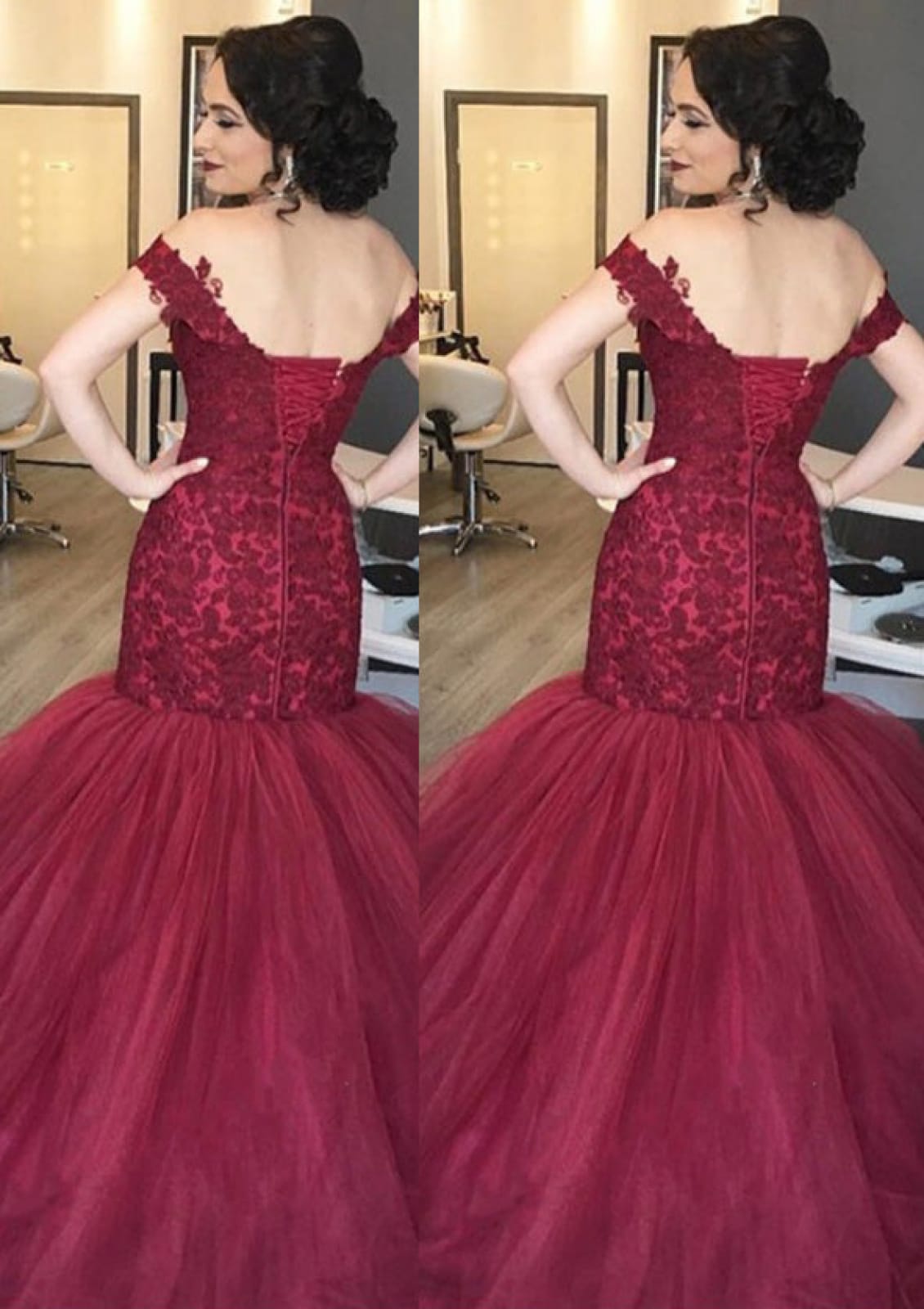 Tulle Prom Dress Burgundy Trumpet Sweetheart Sweep Off Shoulder, Lace