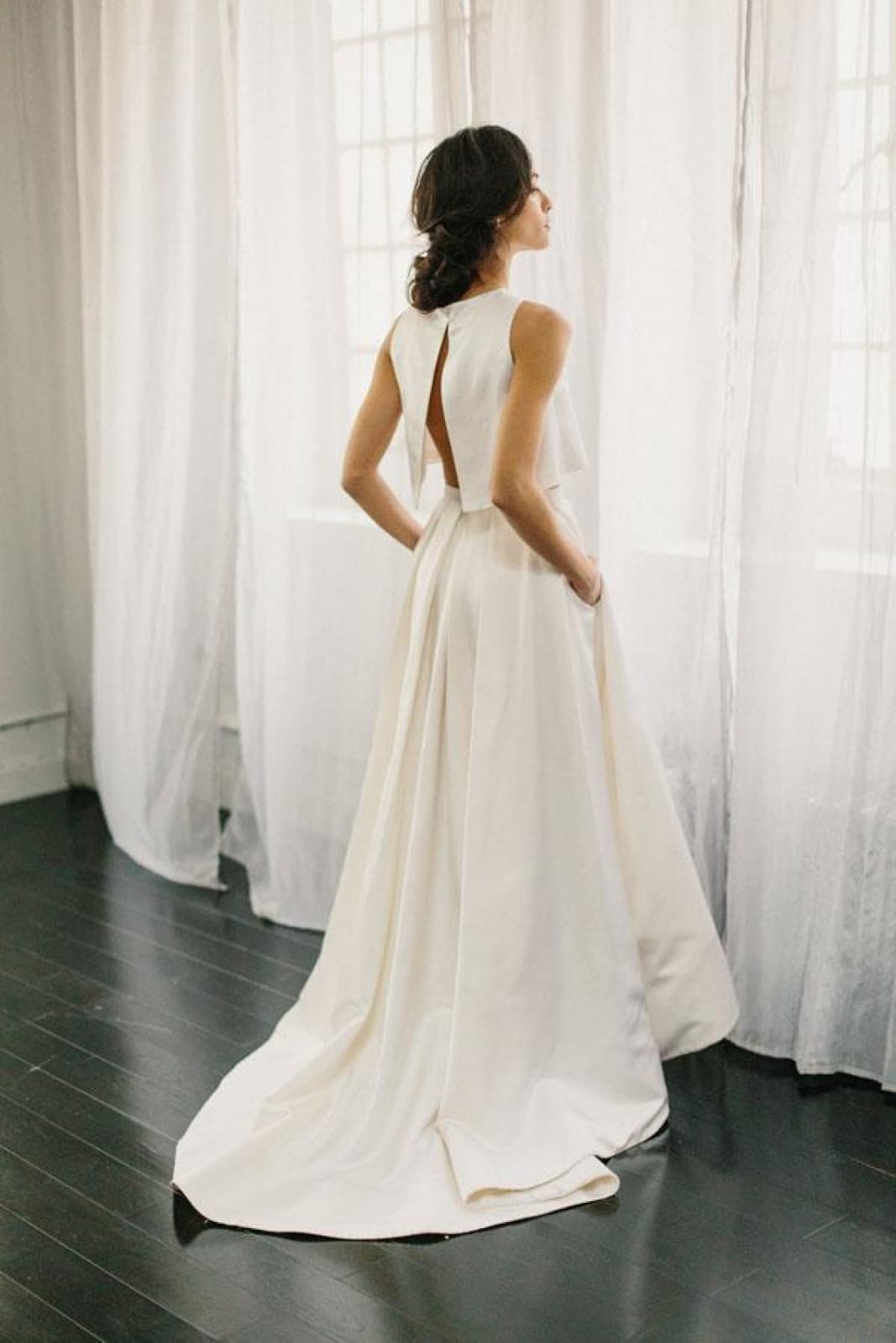 Two Piece Ivory Satin Open Back Wedding Dress, Sweep Train