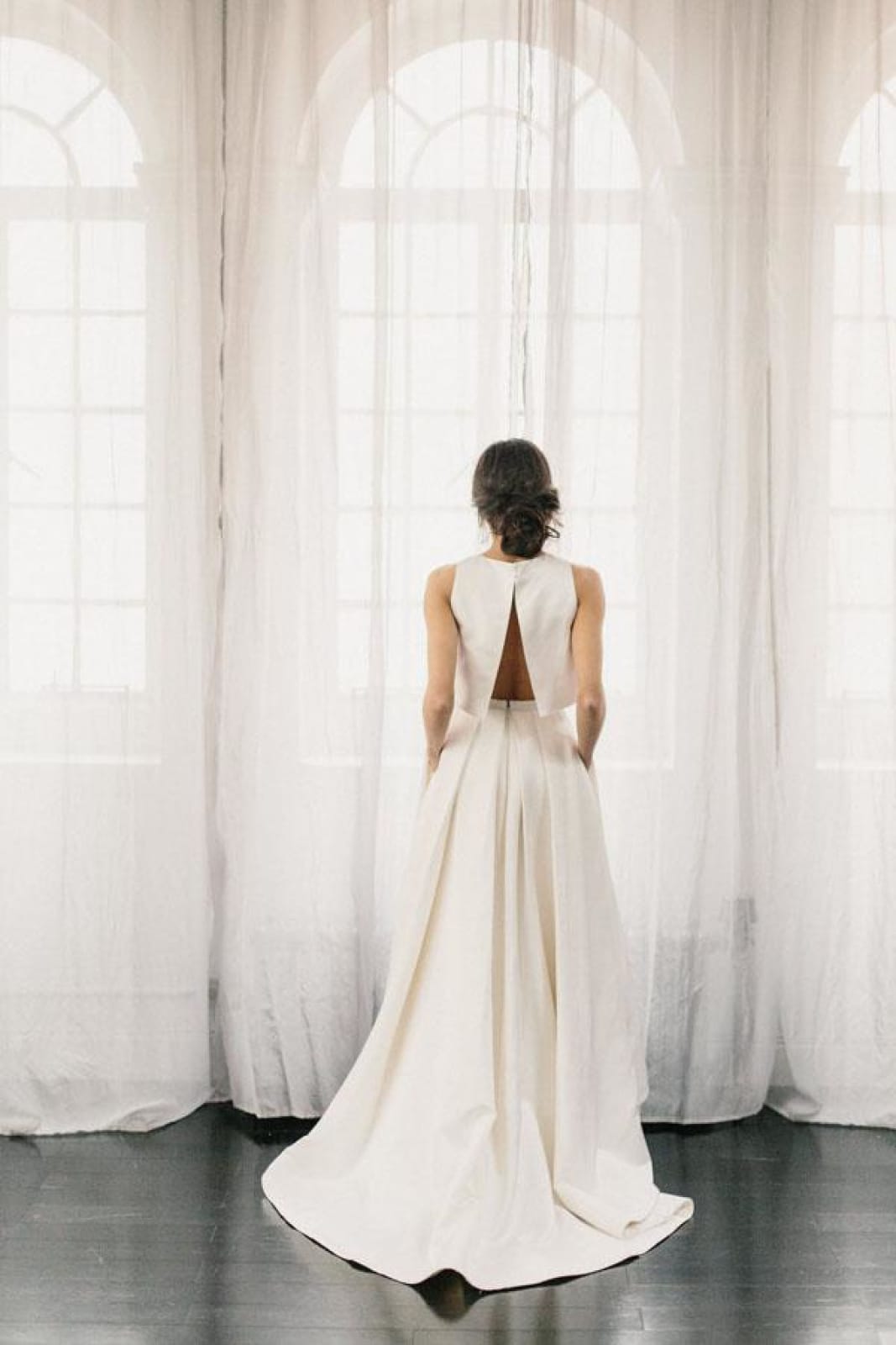 Two Piece Ivory Satin Open Back Wedding Dress, Sweep Train