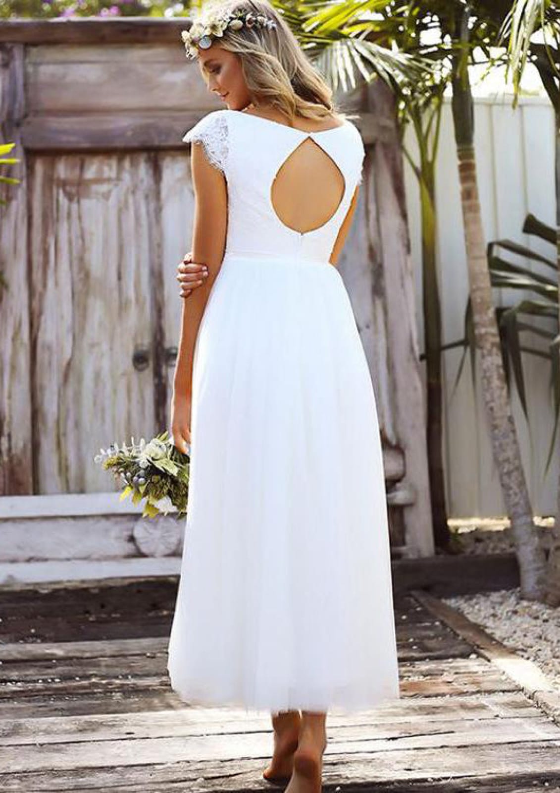White V-Neck Cap Sleeve A-Line Tulle Keyhole Wedding Dress, Lace