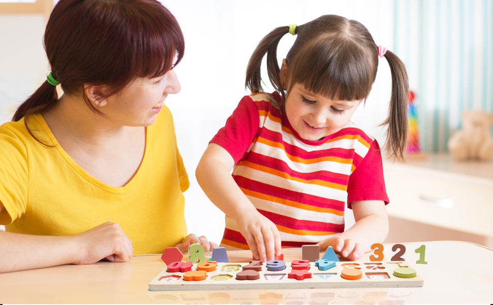 Builds Beginner Numeracy Skills. Helps Kids Recognize Numbers with Imprinted Number Shapes on Peg Board 20 Piece KIPPTO Wooden 123 Number and Geometric Shape Puzzle for Toddlers 2 3 4 Year-Old