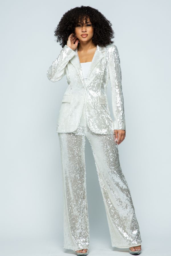 HR LUX 2PC SEQUIN SUIT SET  - WHITE