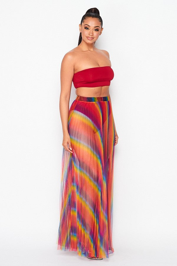 VOTIQUE RAINBOW PLEATED SHEER SKIRT WITH ELASTIC WAIST BAND-BLUE MULTI