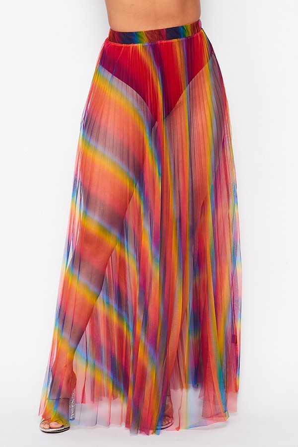 VOTIQUE RAINBOW PLEATED SHEER SKIRT WITH ELASTIC WAIST BAND-BLUE MULTI