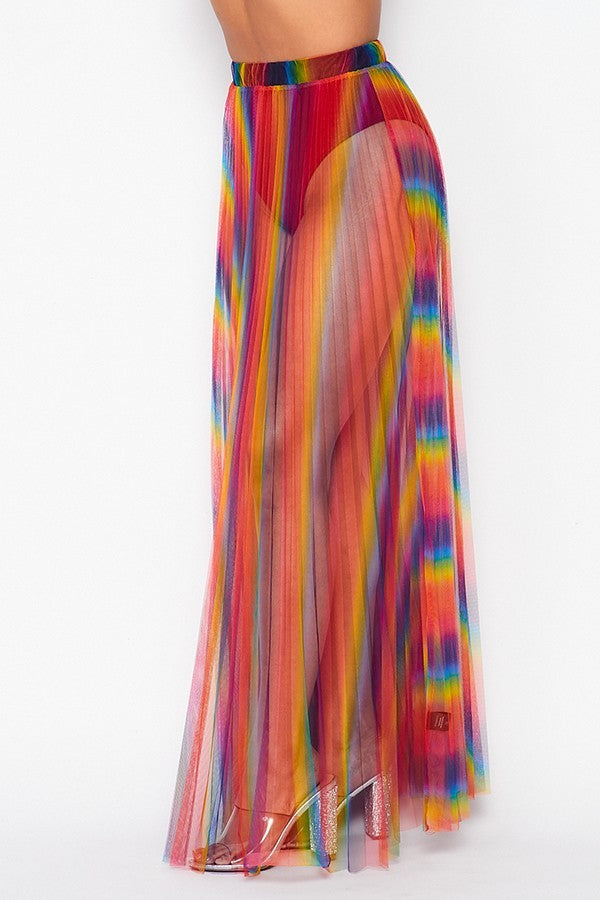 VOTIQUE RAINBOW PLEATED SHEER SKIRT WITH ELASTIC WAIST BAND-BLUE MULTI