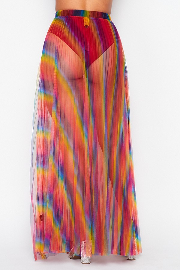 VOTIQUE RAINBOW PLEATED SHEER SKIRT WITH ELASTIC WAIST BAND-BLUE MULTI