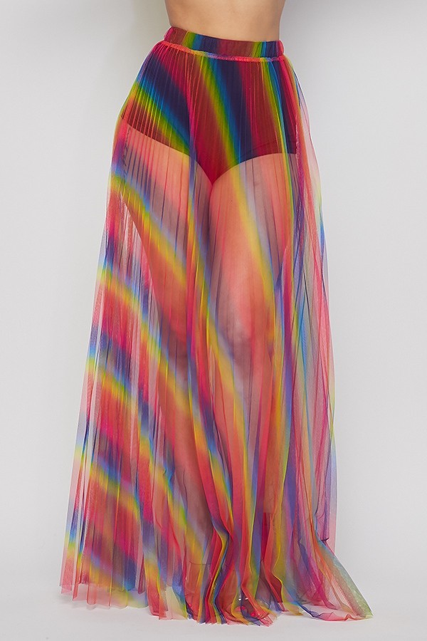 VOTIQUE RAINBOW PLEATED SHEER SKIRT WITH ELASTIC WAIST BAND-BLUE MULTI