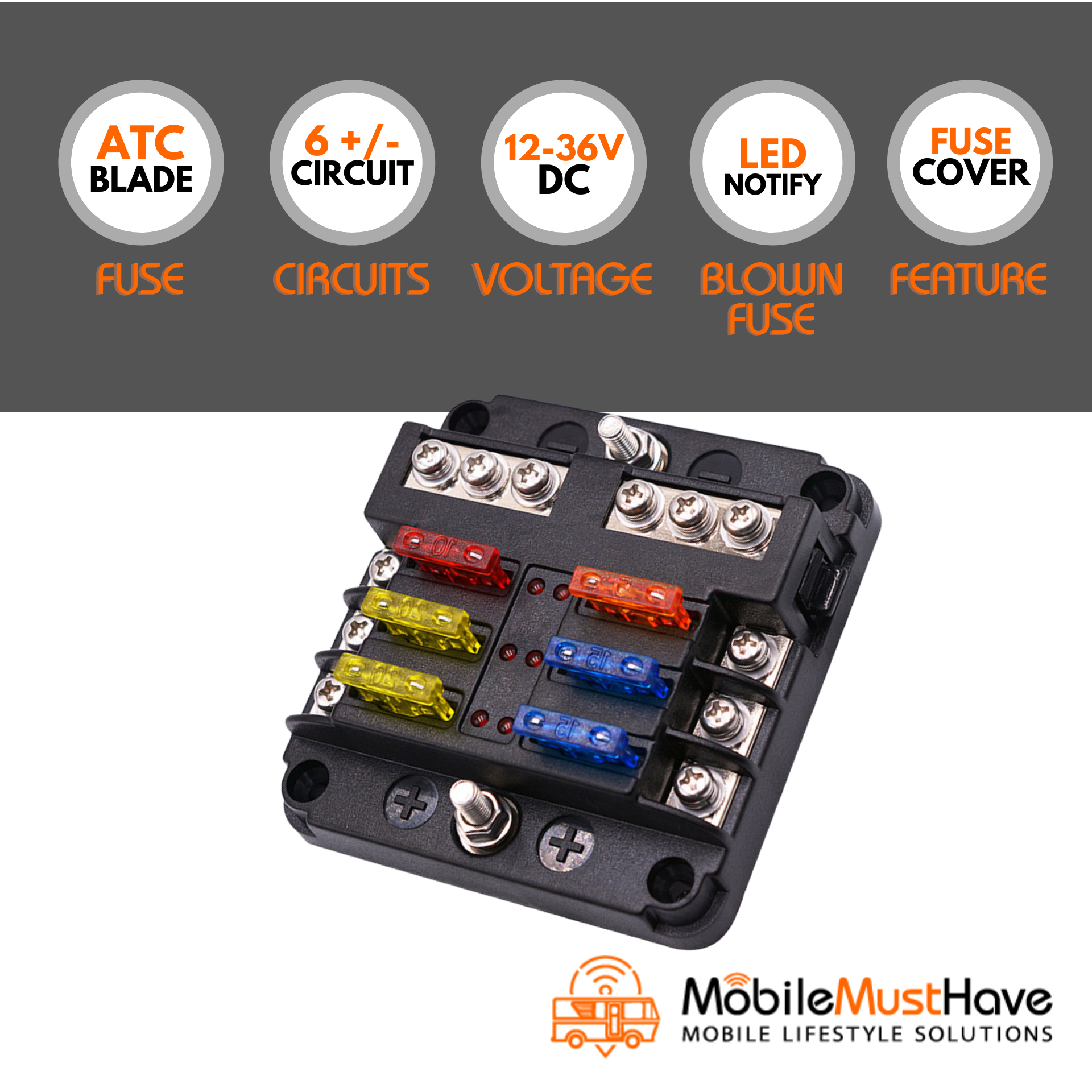 6 Circuit DC Fuse Block, LED Blown Fuse Alert, Protective Cover