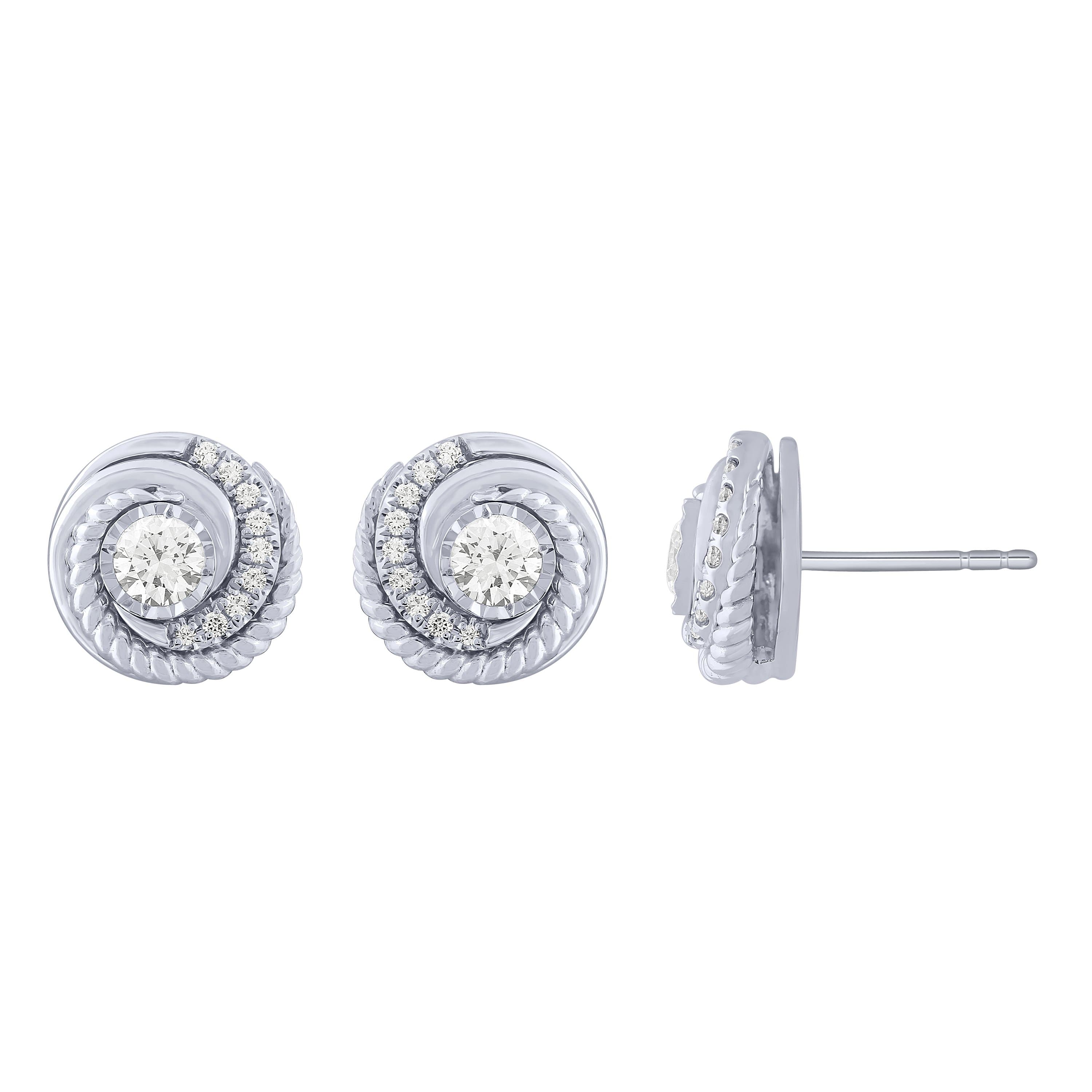 14K White Gold 1/3Ct Spiral Diamond Stud Earrings