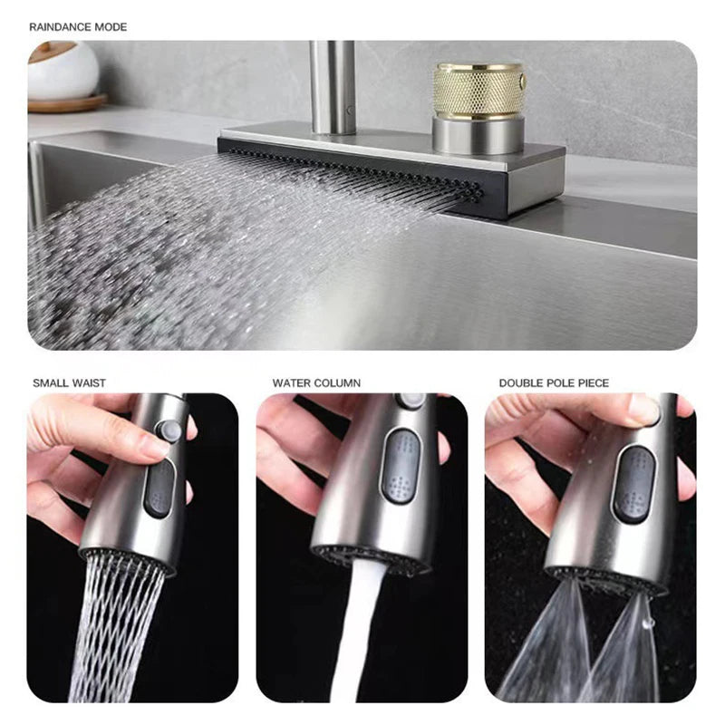 4 Modes Waterfall Sink Kitchen Faucet Pull Out Sprayer Head Faucet