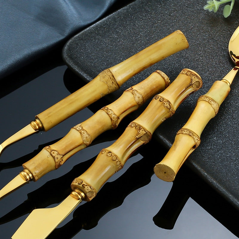 4pcs Gold Bamboo Handle And Steel Tableware Cutlery For Luxury Dinnerware Set