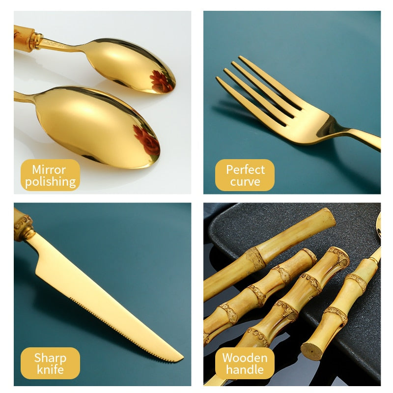 4pcs Gold Bamboo Handle And Steel Tableware Cutlery For Luxury Dinnerware Set