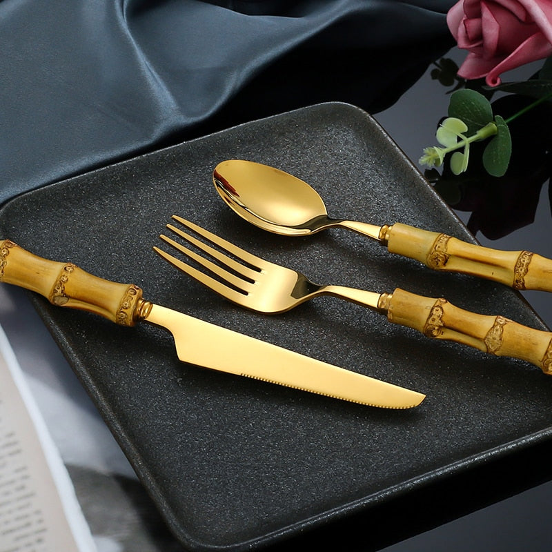 4pcs Gold Bamboo Handle And Steel Tableware Cutlery For Luxury Dinnerware Set