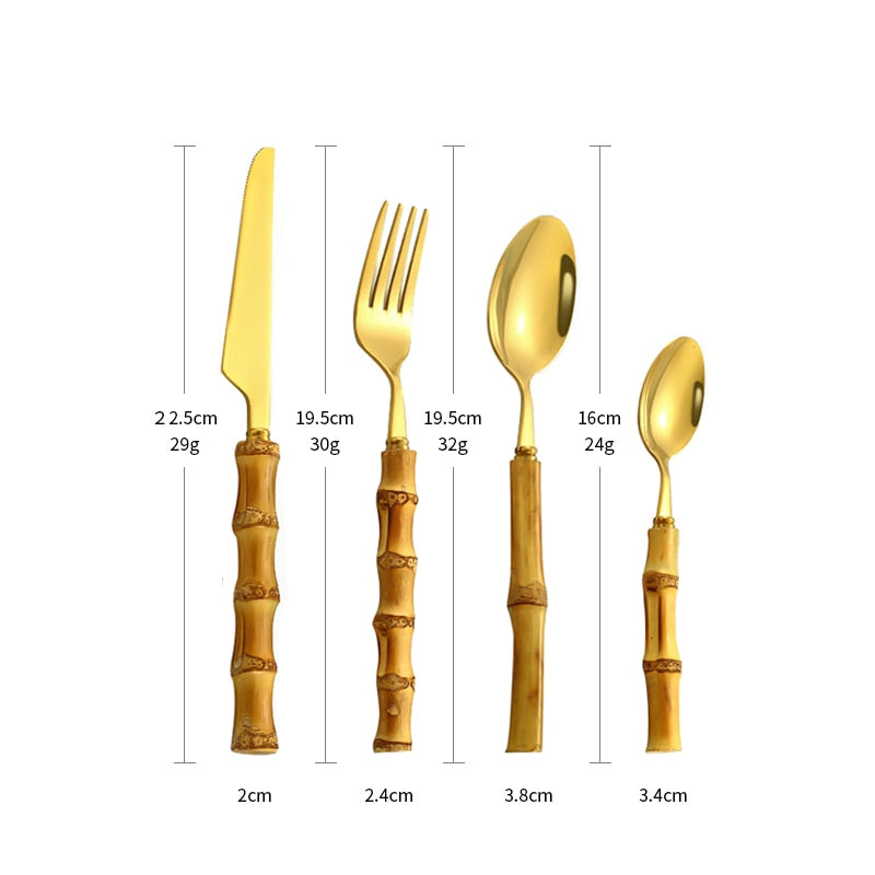 4pcs Gold Bamboo Handle And Steel Tableware Cutlery For Luxury Dinnerware Set