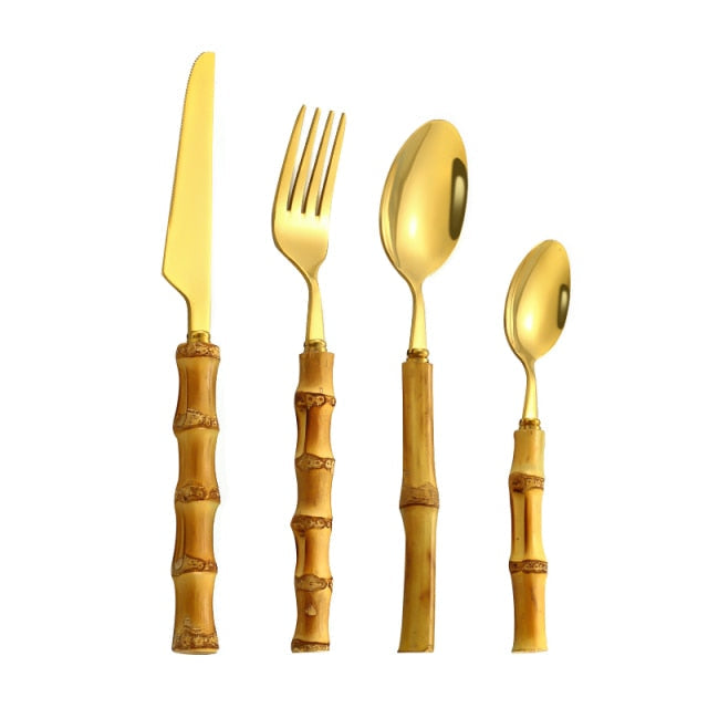 4pcs Gold Bamboo Handle And Steel Tableware Cutlery For Luxury Dinnerware Set