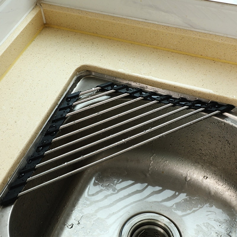 Roll Up Triangle Dish Drying Rack for Sink Corner Over the Sink Caddy