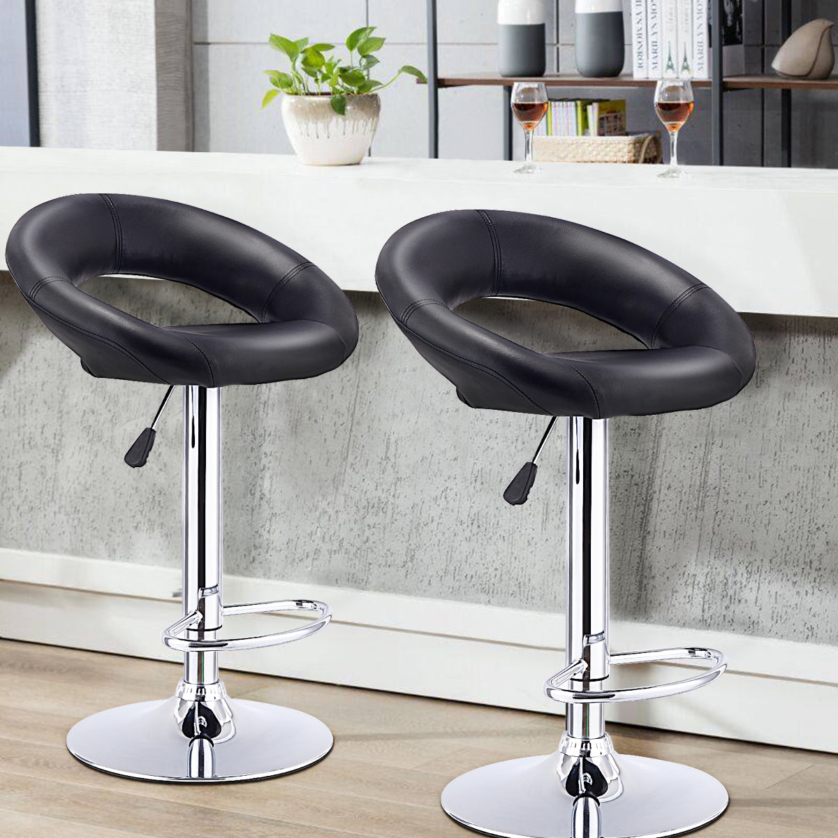 Set Of 2 Bar Stools Adjustable PU Leather Swivel Pub Chairs Black