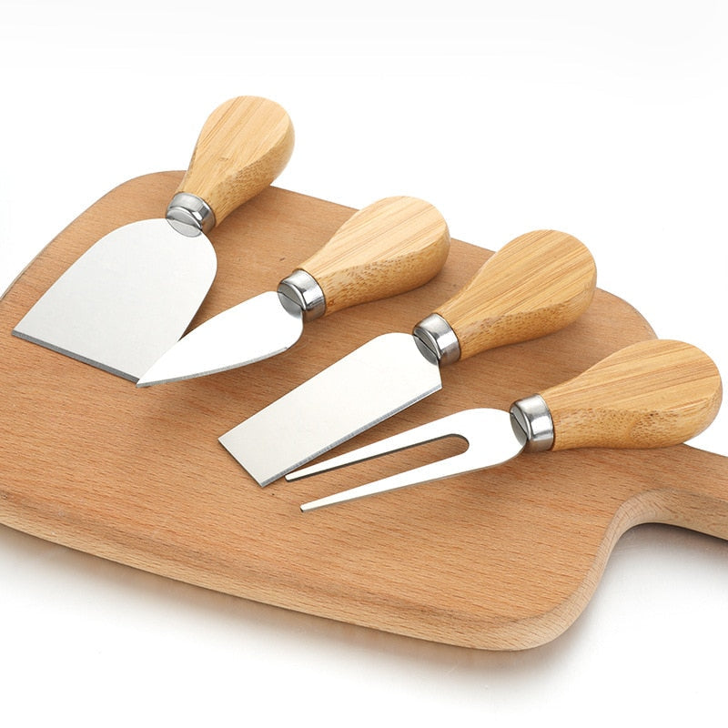4pcs/set Cheese Knives Oak Handle Cheese Cutter Cheese Board Tools