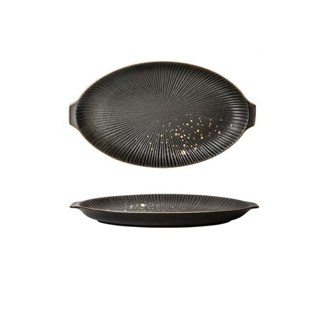 Ceramic Black Dinner Plate Golden Polka Dot Kitchen Tableware Set