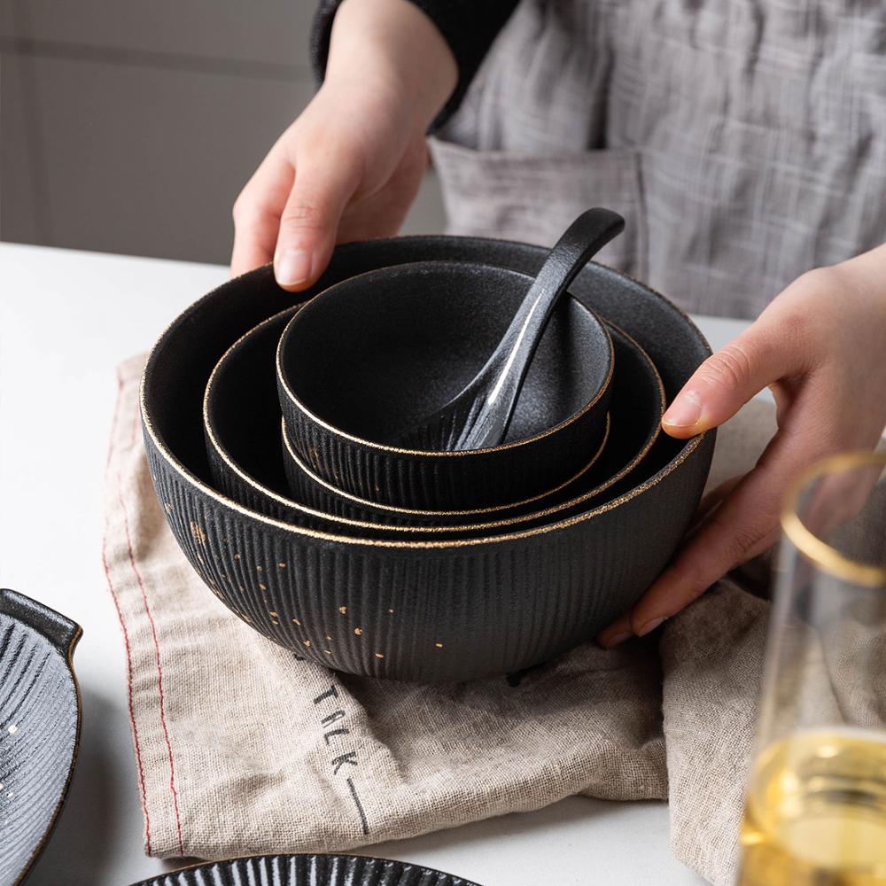 Ceramic Black Dinner Plate Golden Polka Dot Kitchen Tableware Set