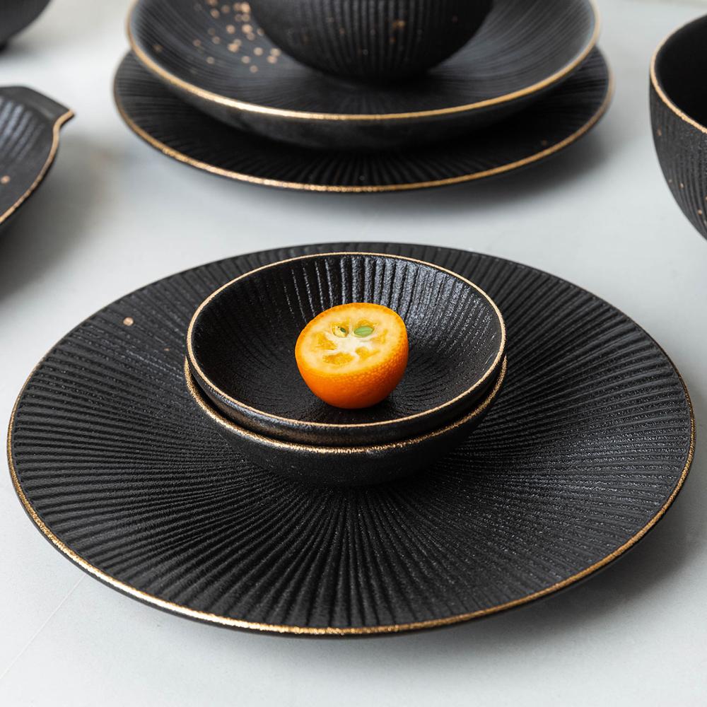 Ceramic Black Dinner Plate Golden Polka Dot Kitchen Tableware Set