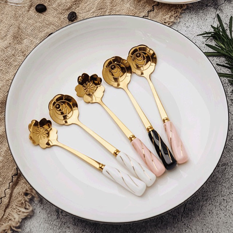 Mixing Spoon With Ceramic Handle Flower Shape Dessert Spoon Tableware