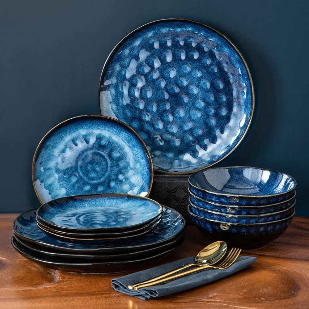 Starry Dinner Set Vintage Look Ceramic Blue Stoneware Tableware Set