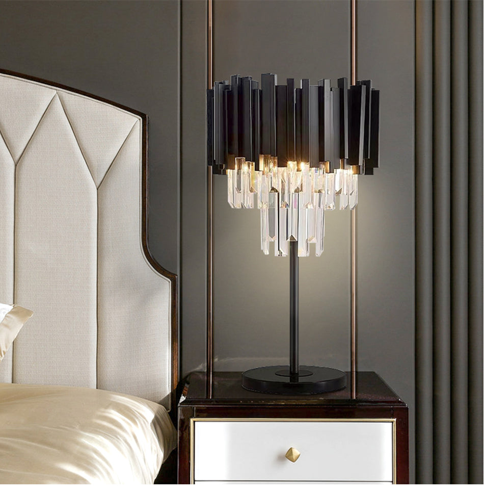 Modern Table Lamp Black Matte Steel Crystal Pendants