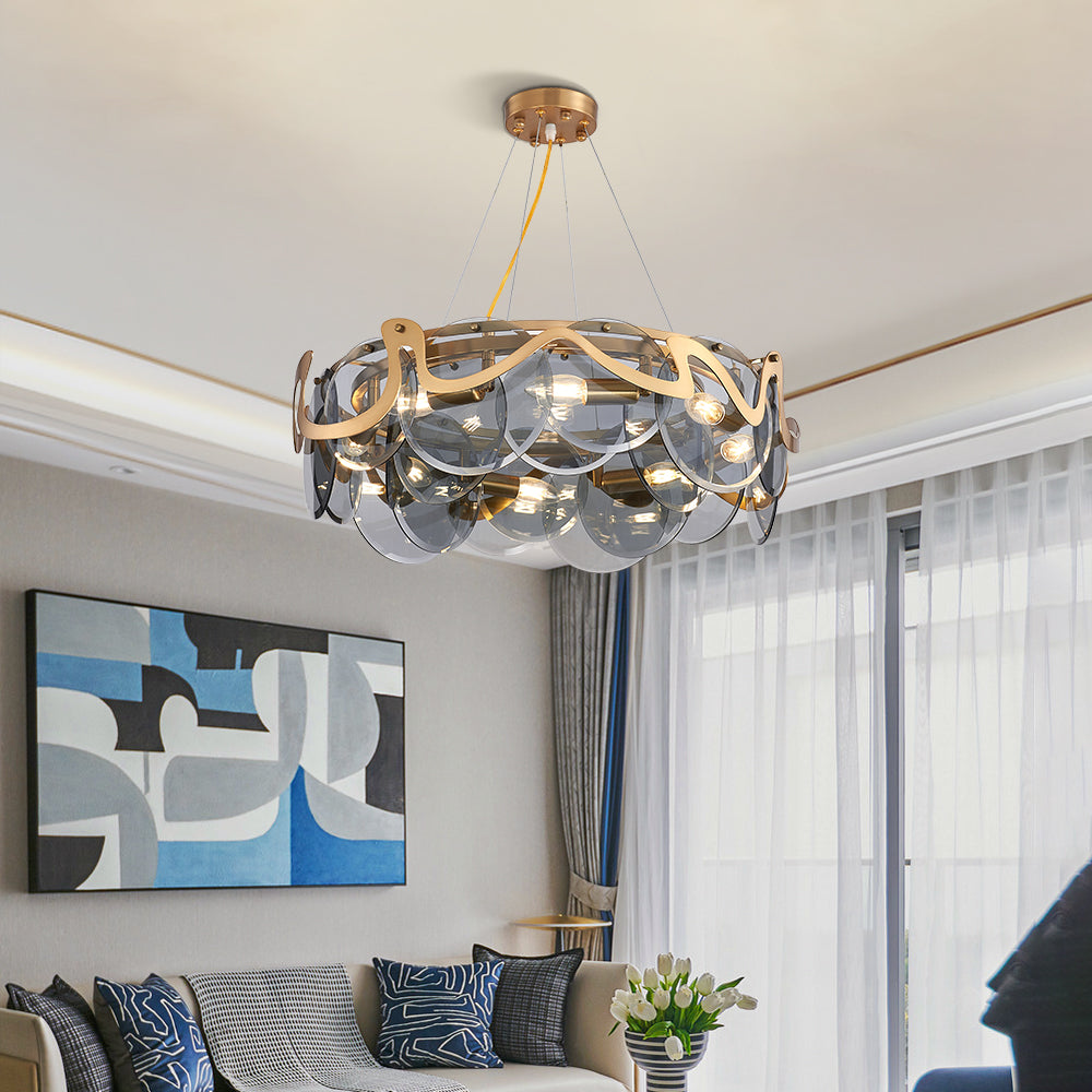 Modern Chandelier Matte Gold Frame Round Glass Plate Pendant Lightings