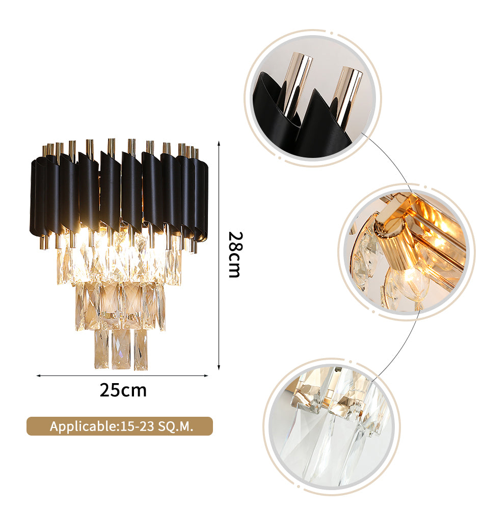 Modern Wall Light Black Gold Metal LED Crystal For Drawing Room