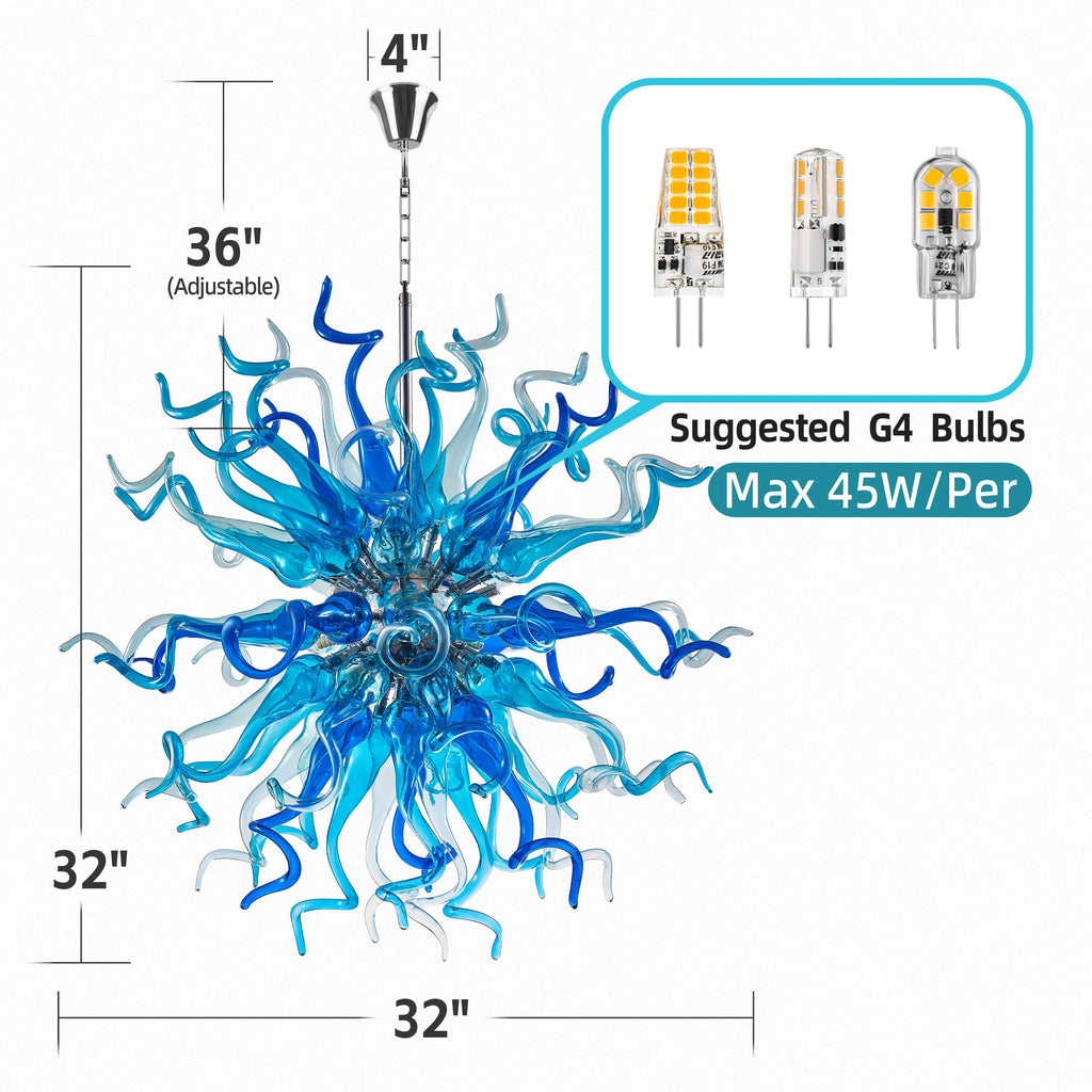 Chihuly Style Blown Glass Chandeliers Light Azure&Blue Sputnik Shape