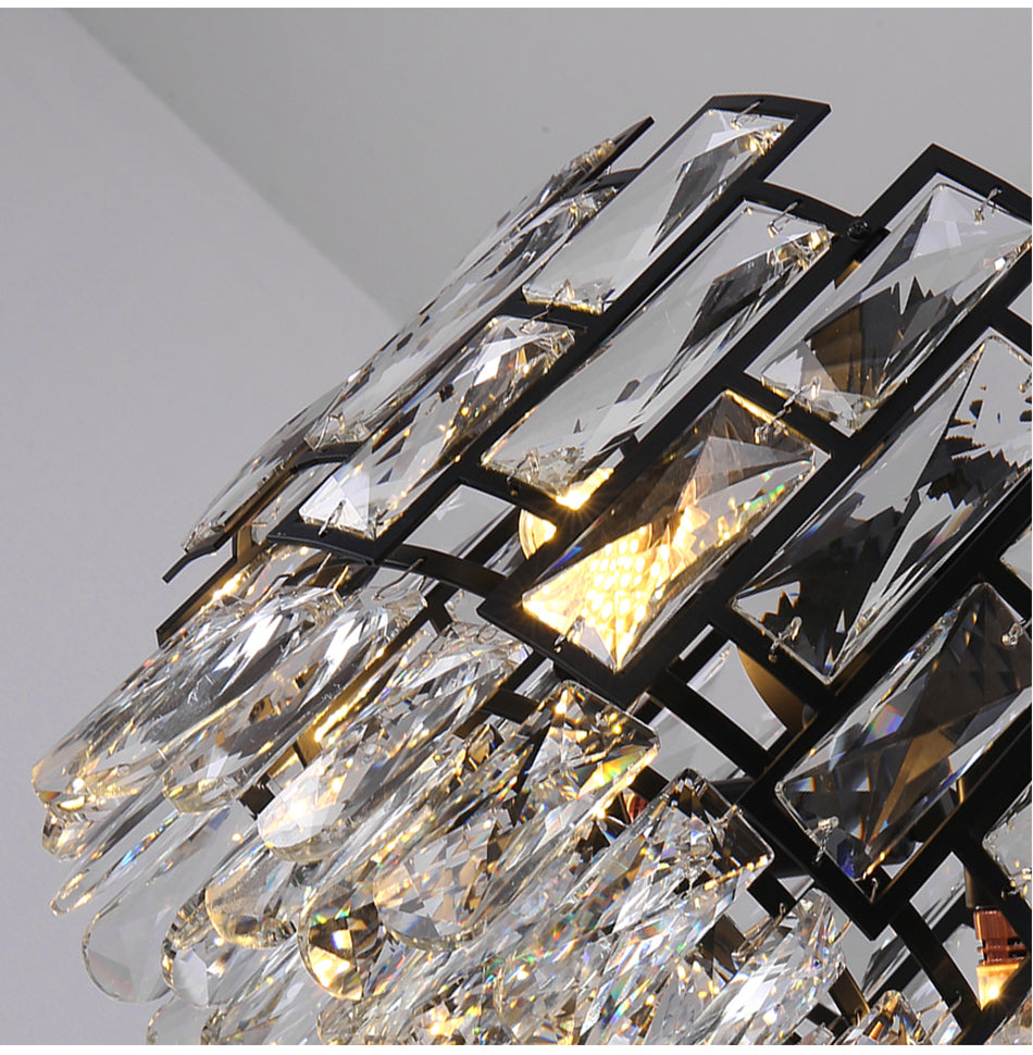Modern Chandelier Black Metal Frame Crystal Pendants