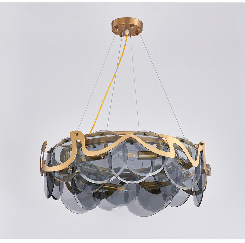 Modern Chandelier Matte Gold Frame Round Glass Plate Pendant Light -Longree