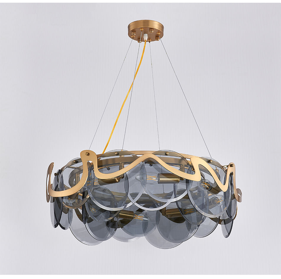 Modern Chandelier Matte Gold Frame Round Glass Plate Pendant Light