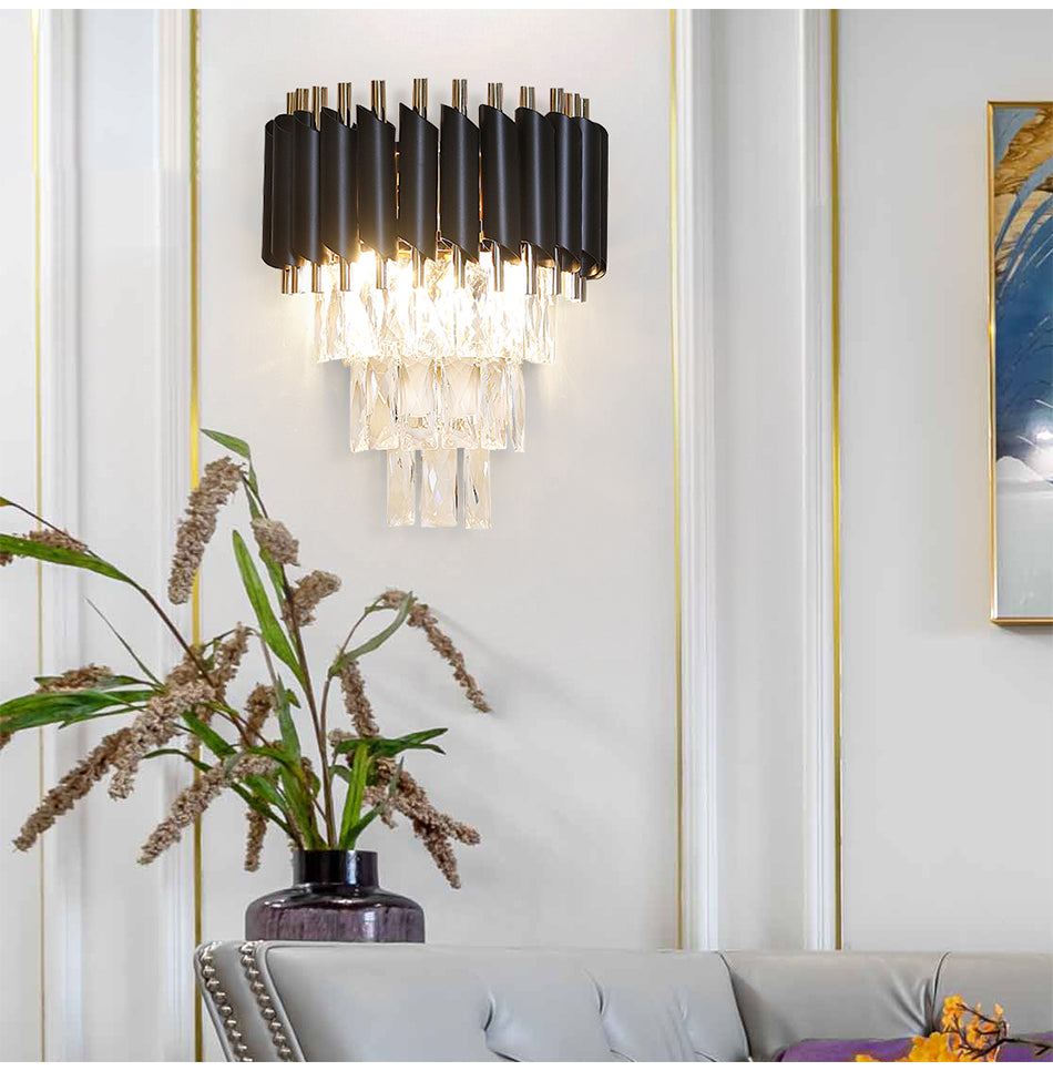 Modern Wall Light Black Gold Metal LED Crystal For Drawing Room