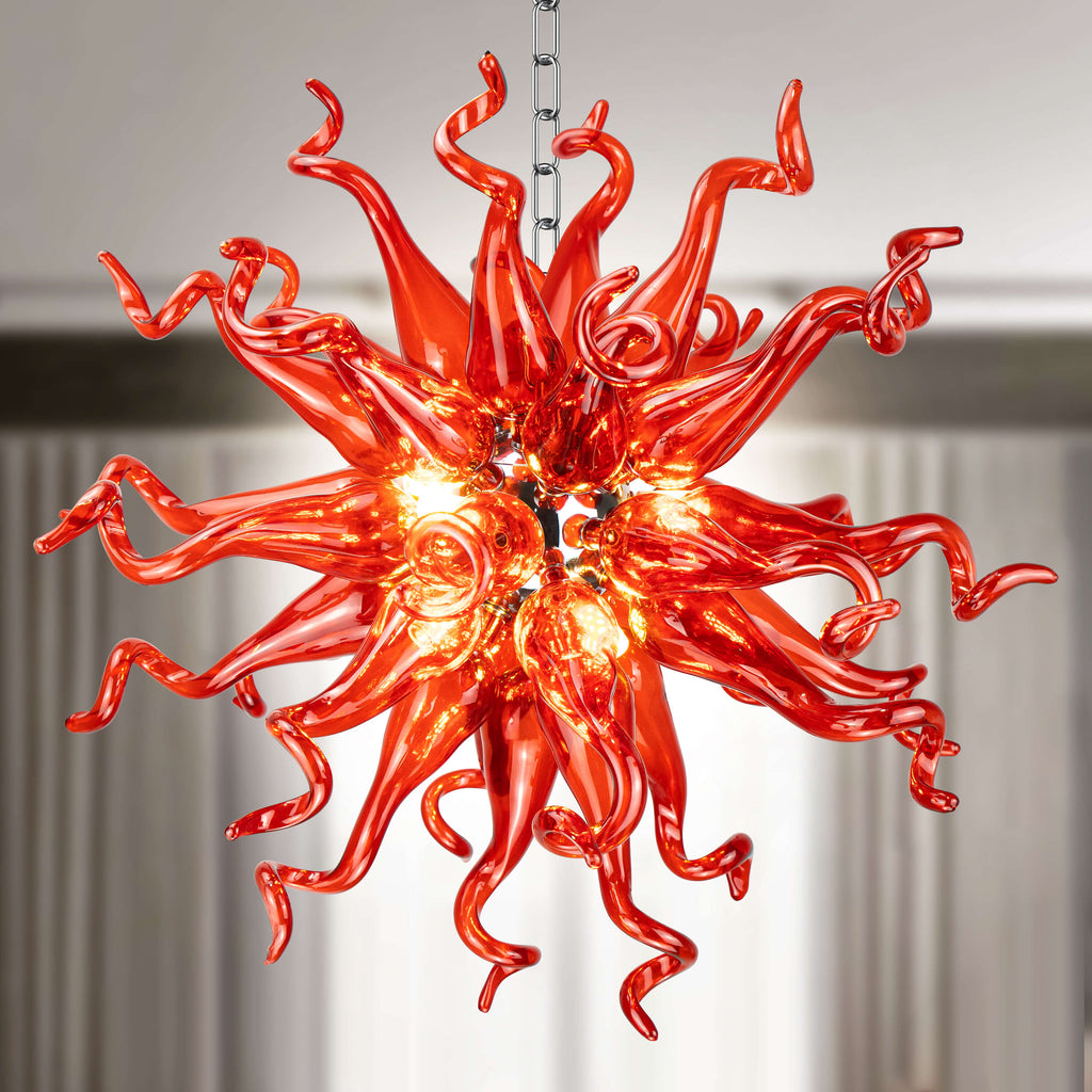 Red Chihuly sputnik blown glass chandelier