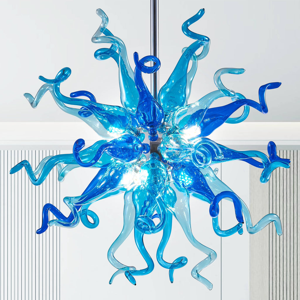 Chihuly Style Blown Glass Chandeliers Light Azure&Blue Sputnik Shape