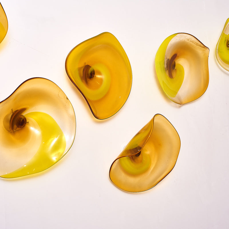Hand Blown Glass Wall Plate Wall Art Wall Flower Home Decor Custom Made Amber Golden Set