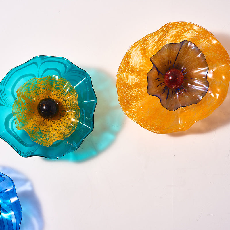 Blossoming Lotus Flower 2 Layers Plates Hand Blown Glass Wall Plates Art Decor Luxury Wall Hanging Plates Set