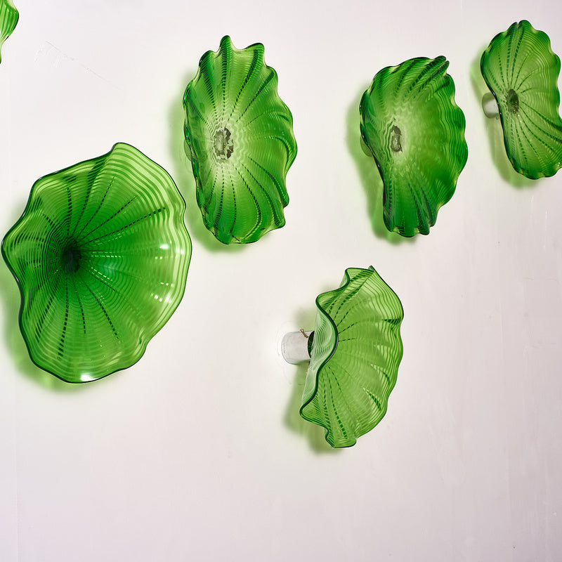 Hand Blown Glass Wall Plate Wall Art Wall Flower Home Decor Custom Made Clear Green Set LRP007